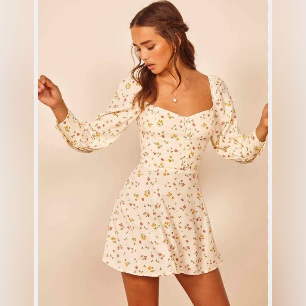 Reformation Cream Floral Long Sleeve Dress